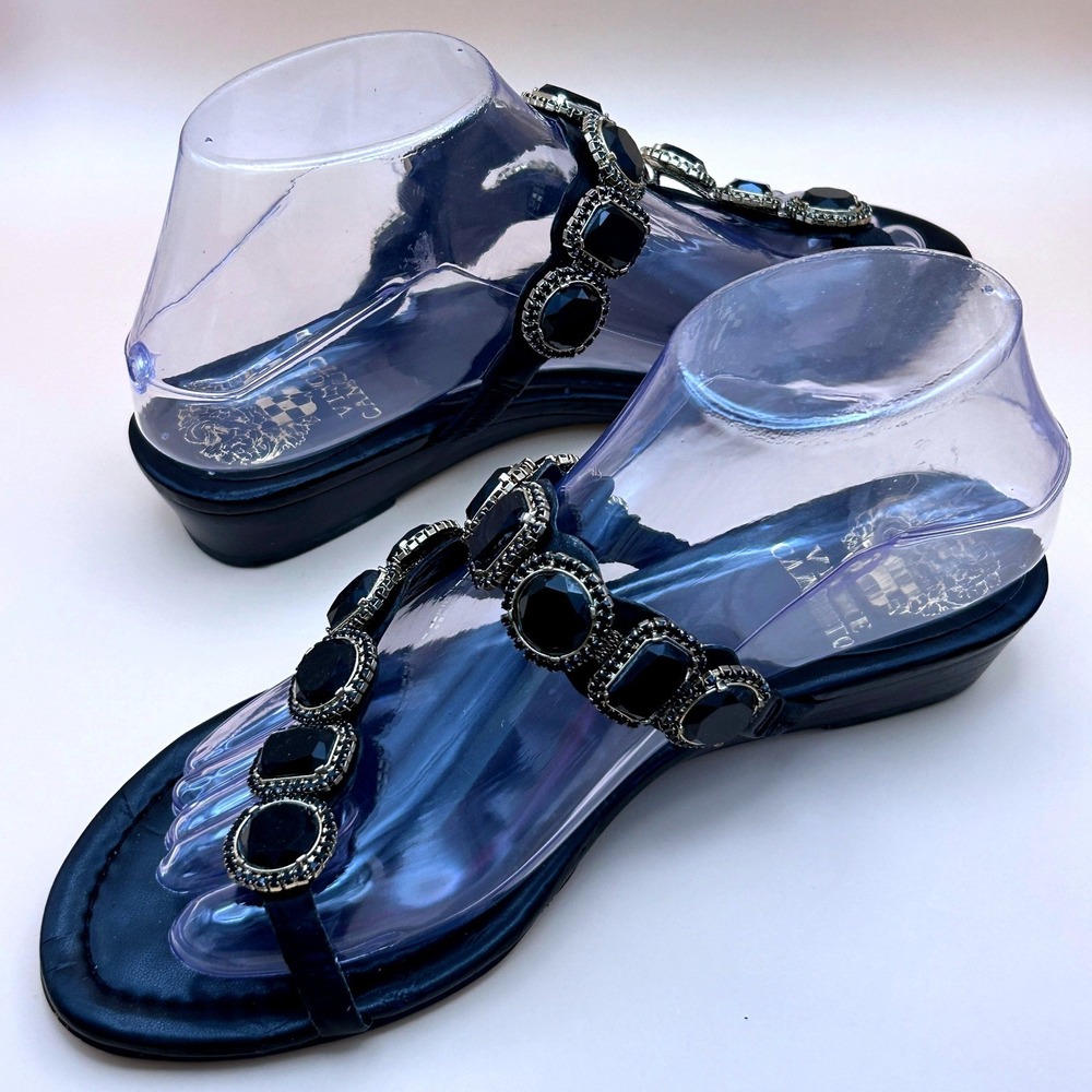 Vince Camuto Black Leather Jeweled Thong Sandals Wedge Idoal 6.5W